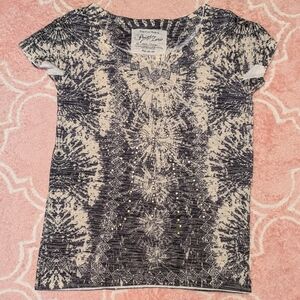 Point Zero Women's Black and Cream Patterned Short Sleeve Top With Studs Medium